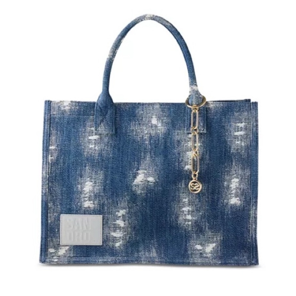 Sandro Distressed Denim Tote With Gold Charm